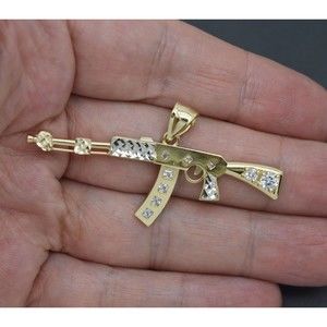 Real 10K Solid Yellow Gold 56.7mm Shiny Machine Gun Rifle Pendant 3.4gr